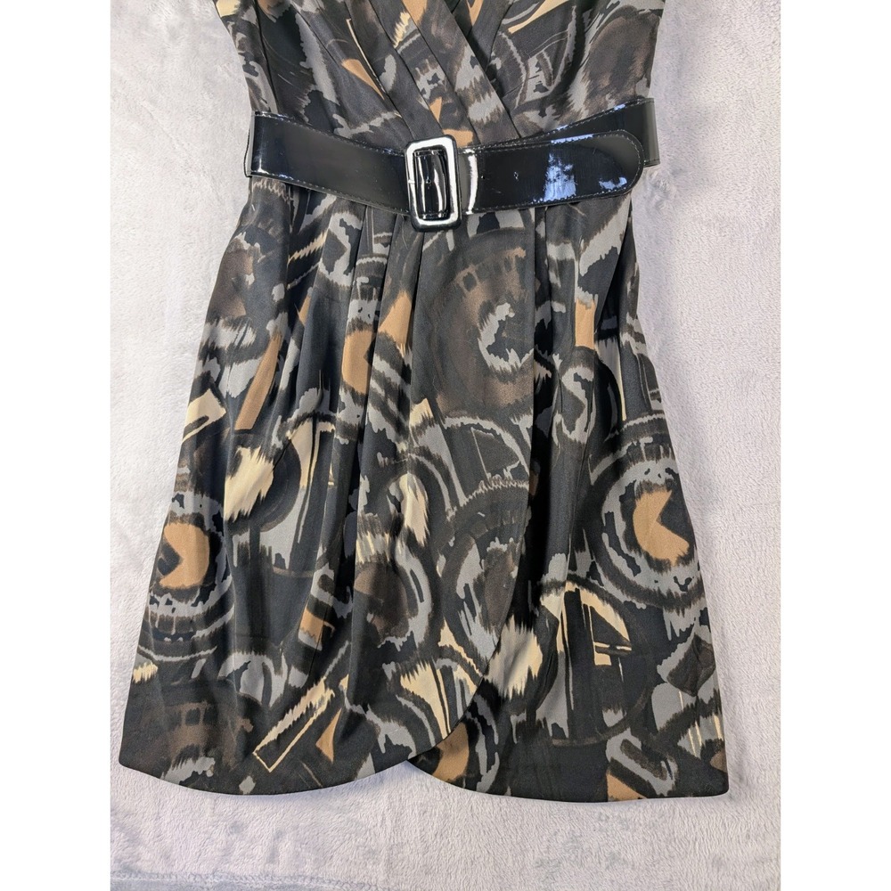 Sleeveless Black Print Dress V-neck Surplice Bodice Belted Wrap Skirt Size 10P - Picture 5 of 11